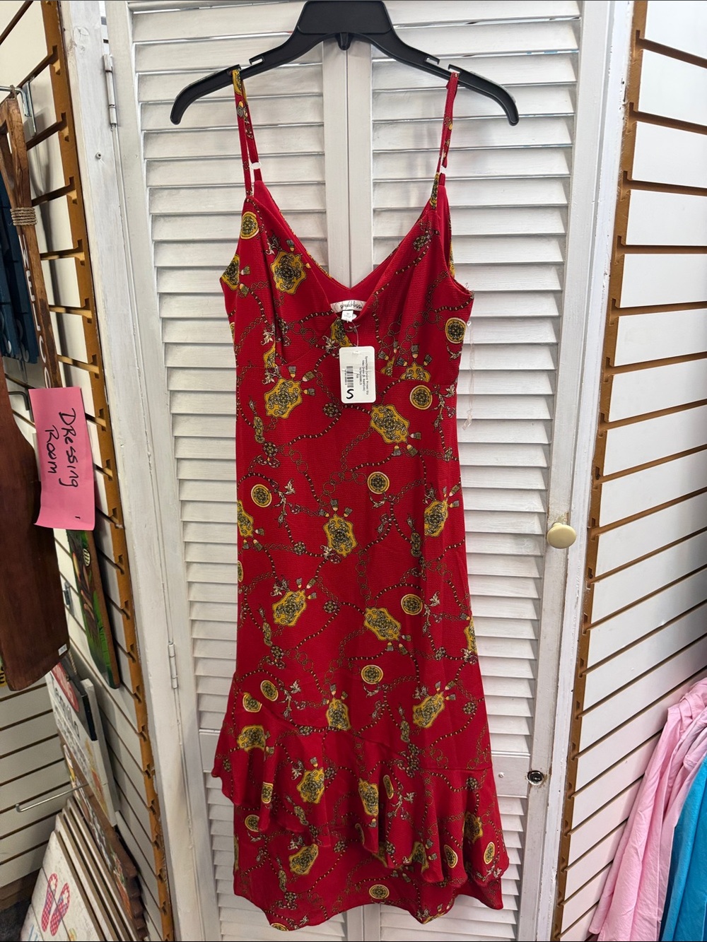 Red Printed Slip Dress with Ruffle Hem